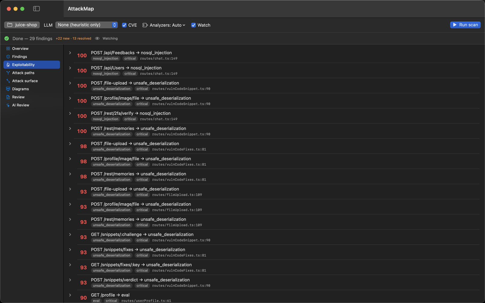The AttackMap macOS app ranking route-to-sink paths by exploitability